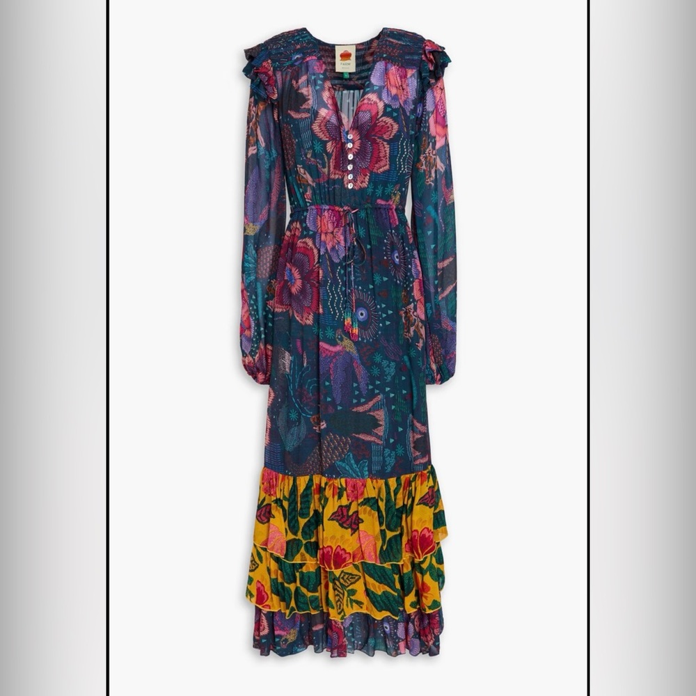 NWT FARM Rio Anthropologie  teal river creatures Ruffled  hem dress L  $295